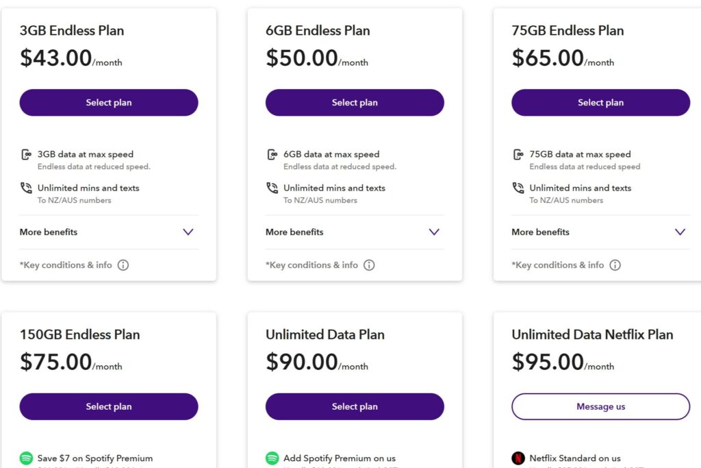 screenshot of spark nz plans from their website